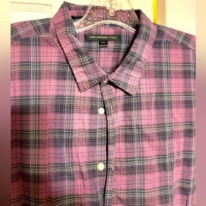 John Varvatos short sleeved, purple plaid shirt, thin cotton